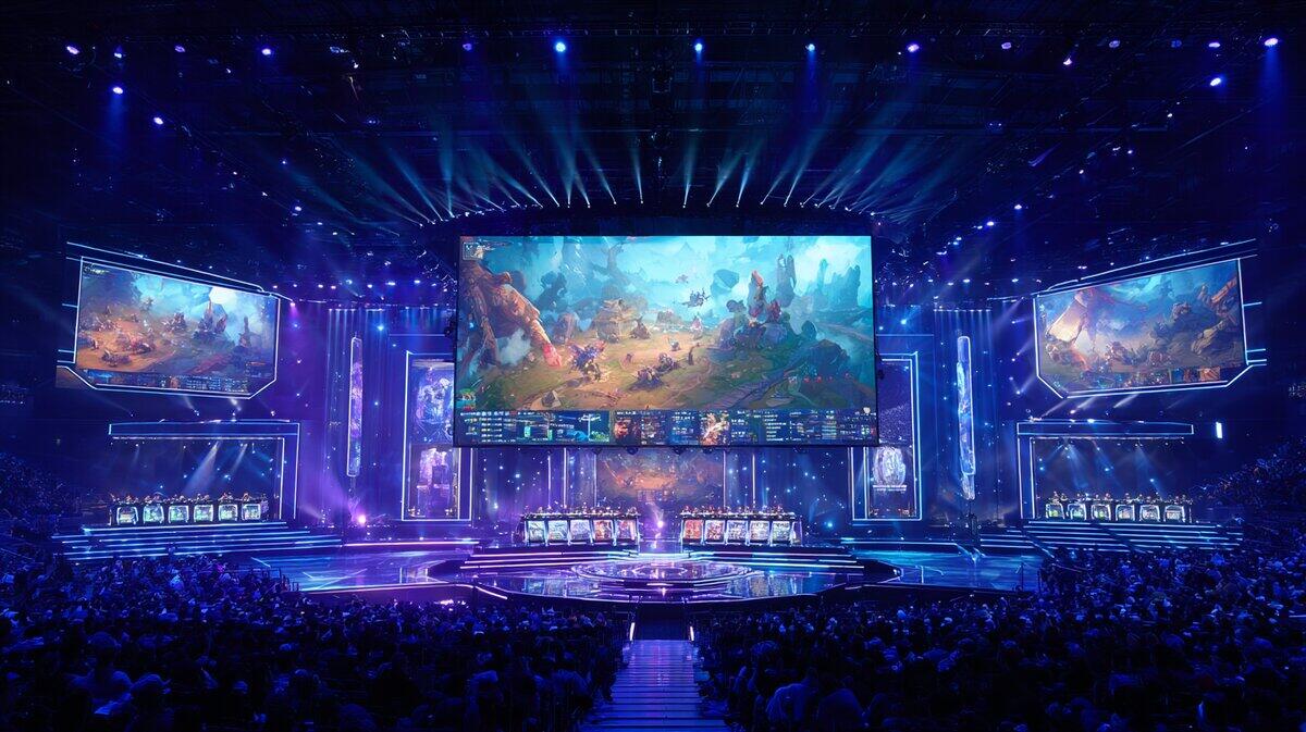 Arena esports với màn hình lớn và gamers chuyên nghiệp